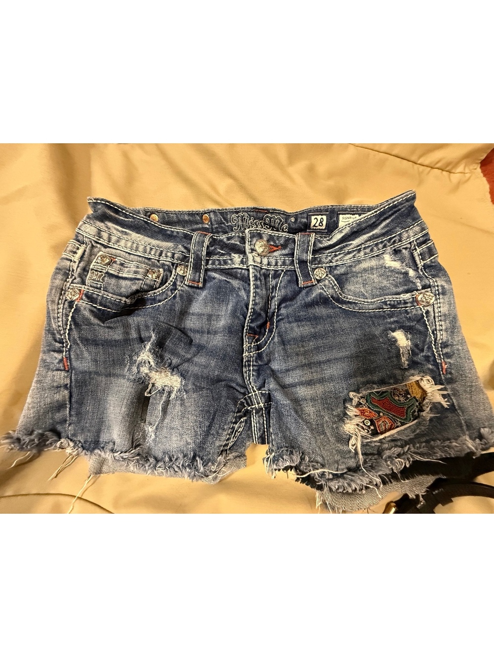 Miss Me Women's Distressed Denim Shorts with Embroidered Pockets Size 28
